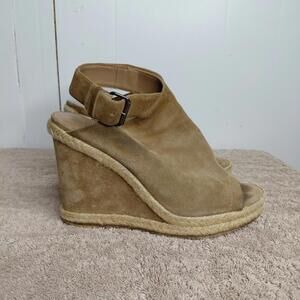 Vince Shoes Womens 8.5 Evangeline Taupe Peep Toe Suede Strap Espadrille Wedge
